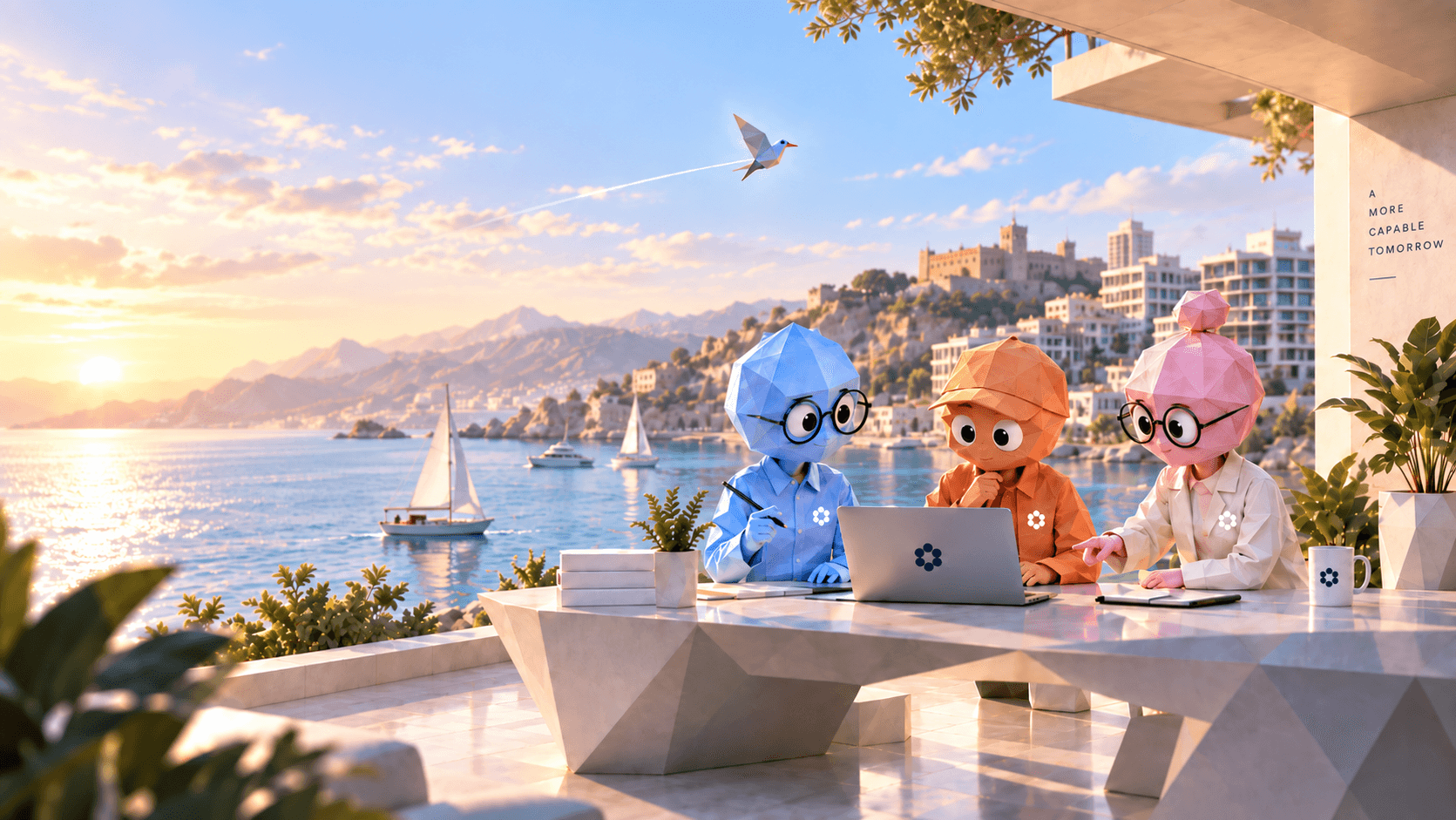 Origami's colourful paper employees working together beside the sea