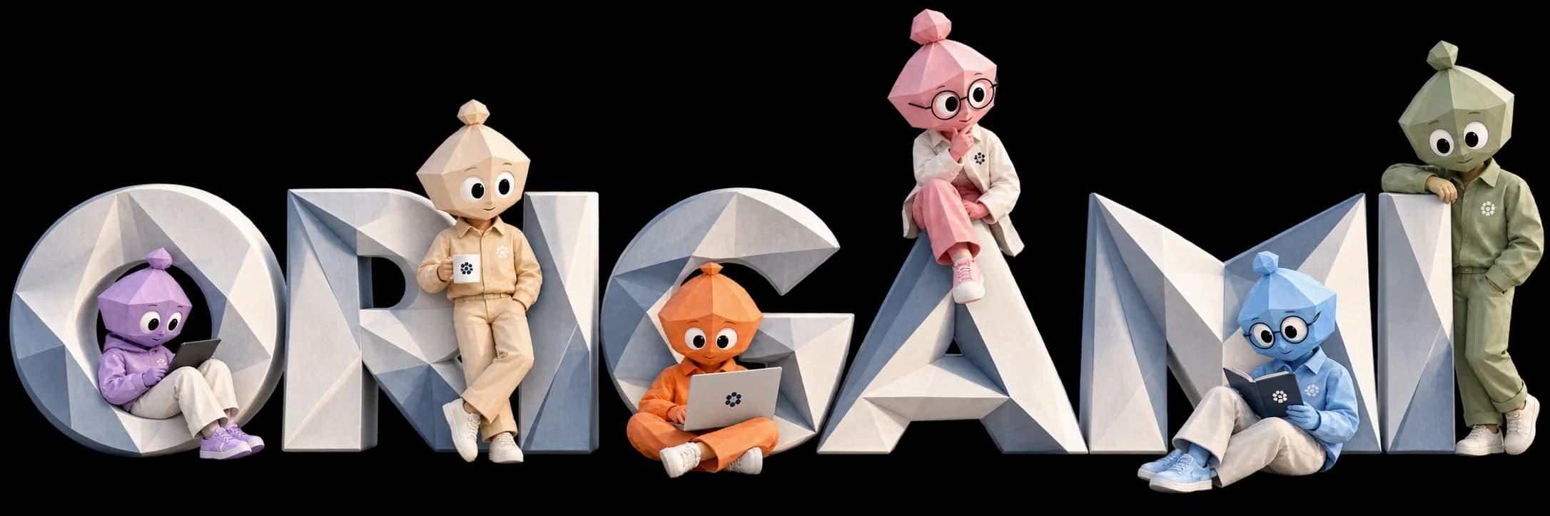 ORIGAMI in sculpted paper letters, with six colourful paper teammates reading, planning and working together.